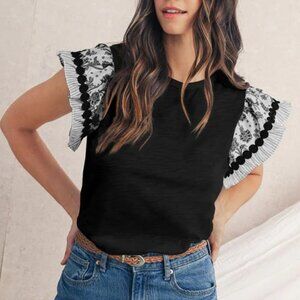 Black Floral Striped Patchwork Flutter Sleeve Tshirt Blouse Size Small